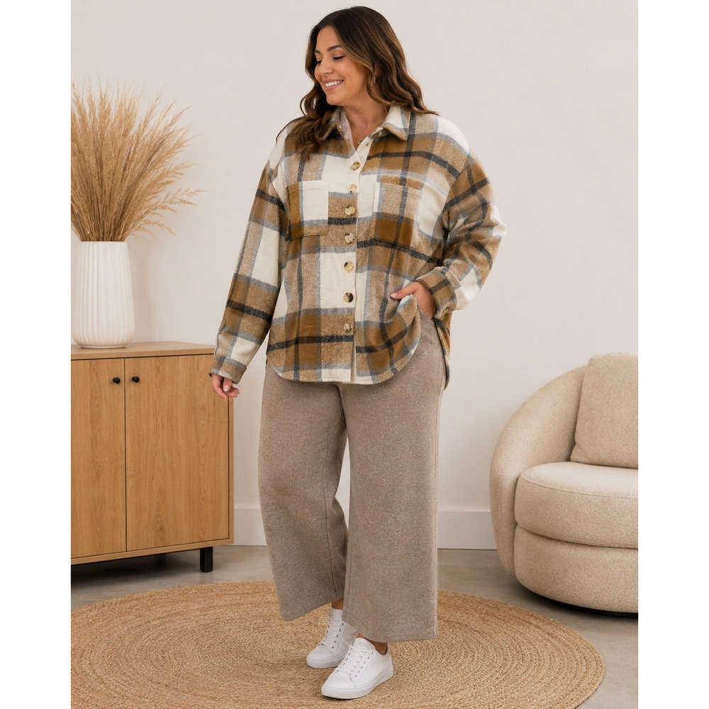 Womens Plaid Shacket Oversized Button Down Shirt Jacket XL Brown Cream Black
